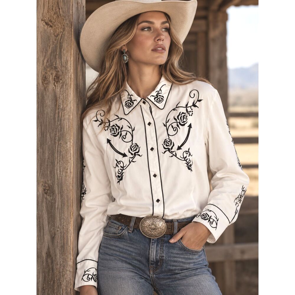 Scully PL-671 XL White Black Rose Embroidered Western Snap Shirt Cowgirl Rodeo